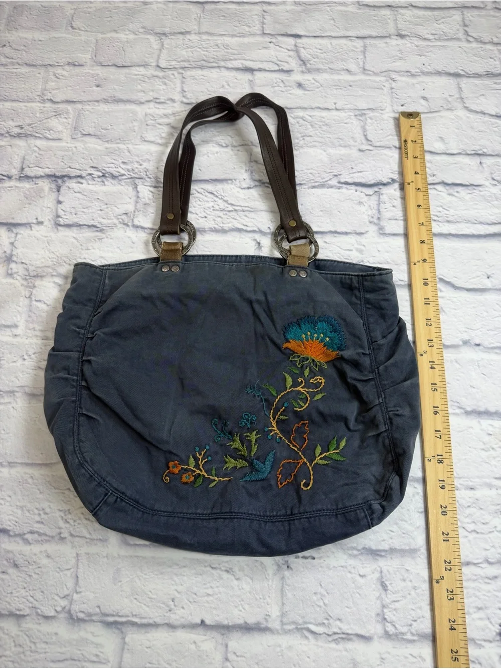 Vintage Fossil Dark Blue Embroidered Hobo/Shoulder Tote Bag